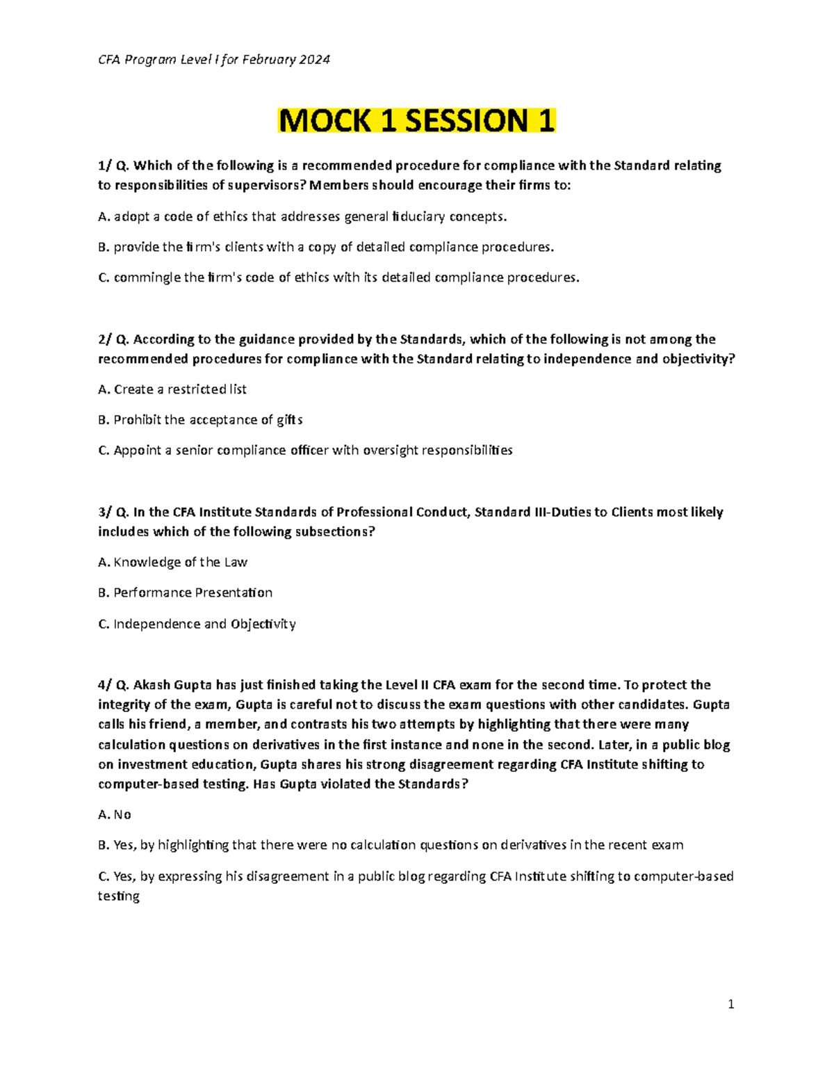 CFA Program Level I February 2024 Mock Exam 1 - Session 1 Questions ...