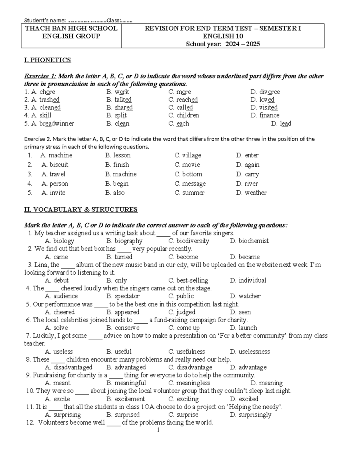 G10. REVISION NOTES FOR END TERM TEST SEMESTER I - 2024-2025 - Studocu