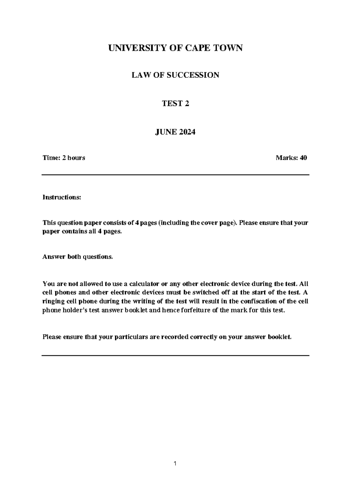 UCT LAW OF SUCCESSION TEST 2 JUNE 2024 - Practice Paper - Studocu