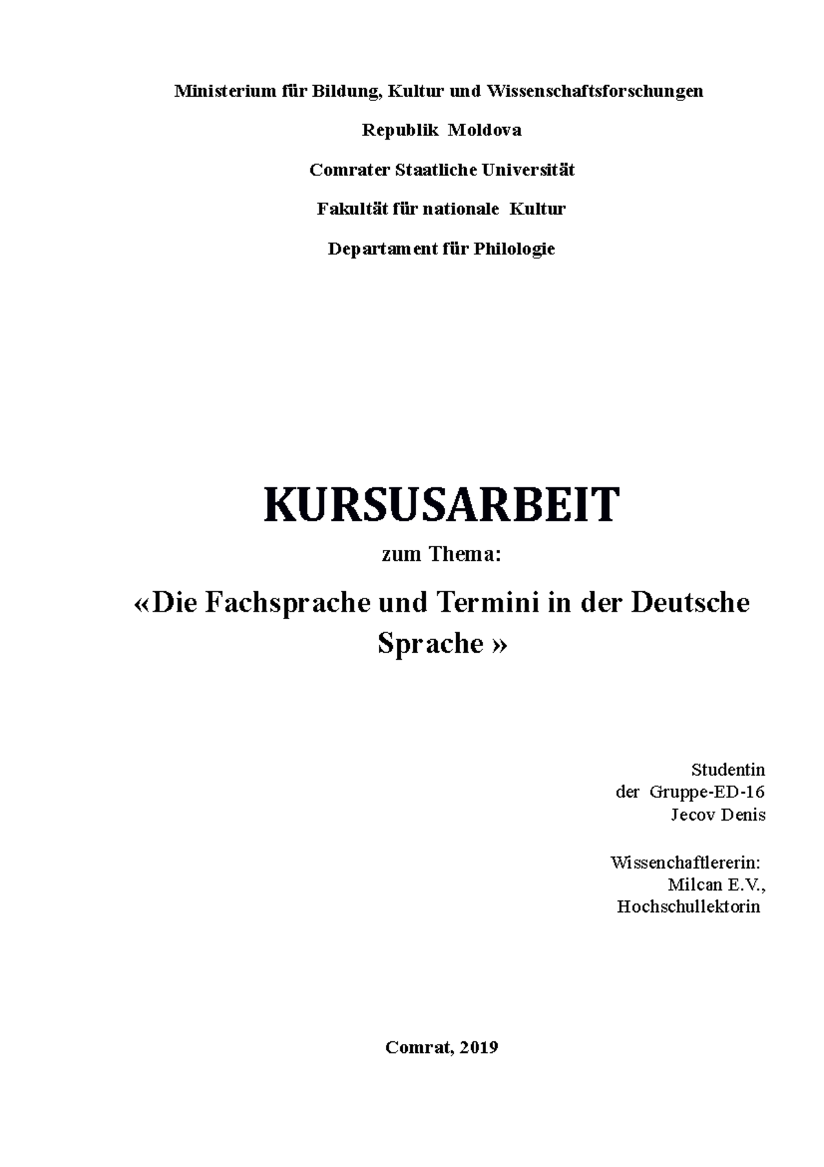 KURSUSARBEIT: Fachsprache und Termini in der Deutschen Sprache - Studocu