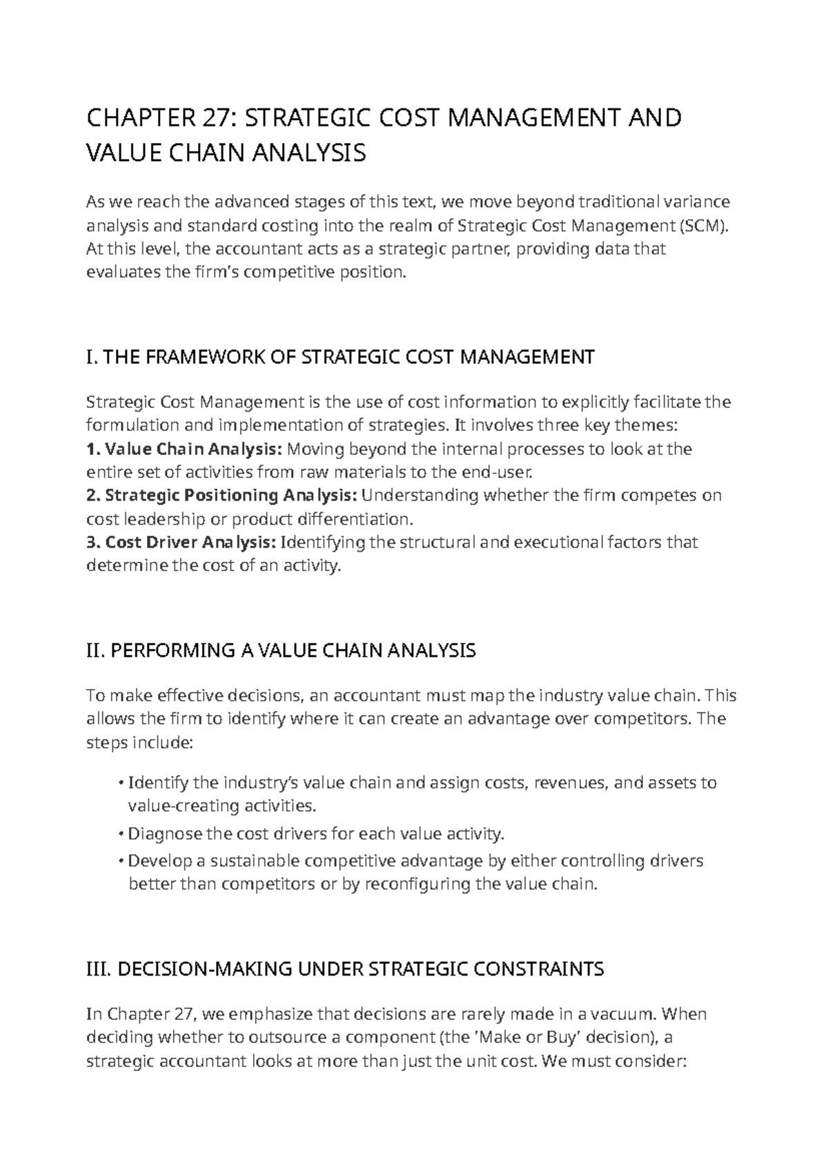 CHAPTER 27: STRATEGIC COST MGMT & VALUE CHAIN ANALYSIS - Studocu