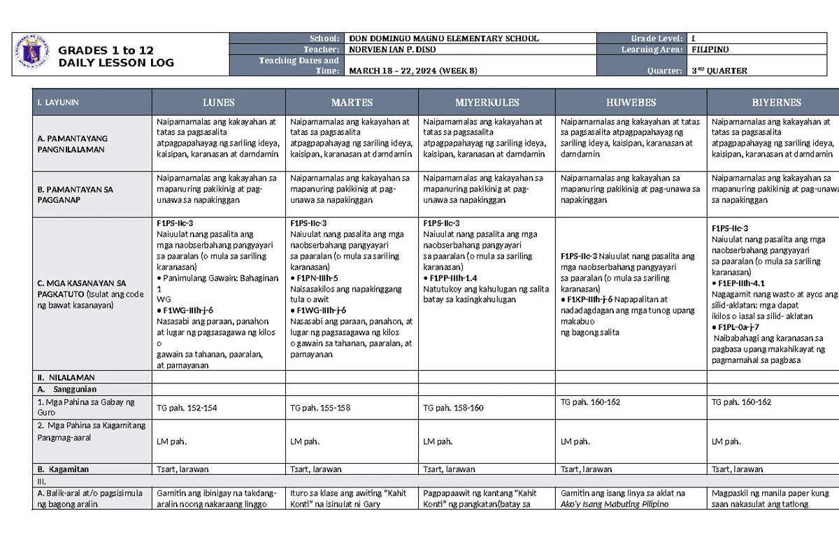 DLL Mathematics 1 Q3 W8 - Math 1 DLL - GRADES 1 to 12 DAILY LESSON LOG ...