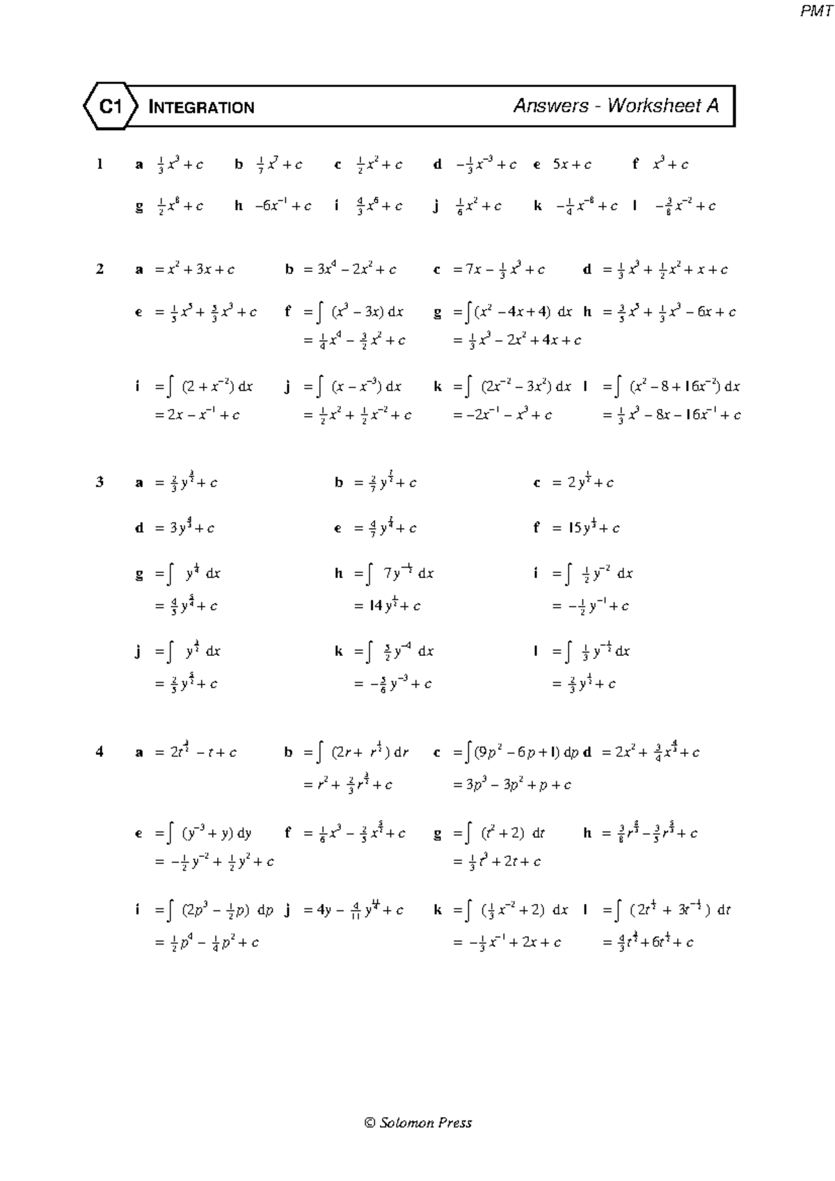 C1 Integration - Answers Worksheet PMT - Studocu