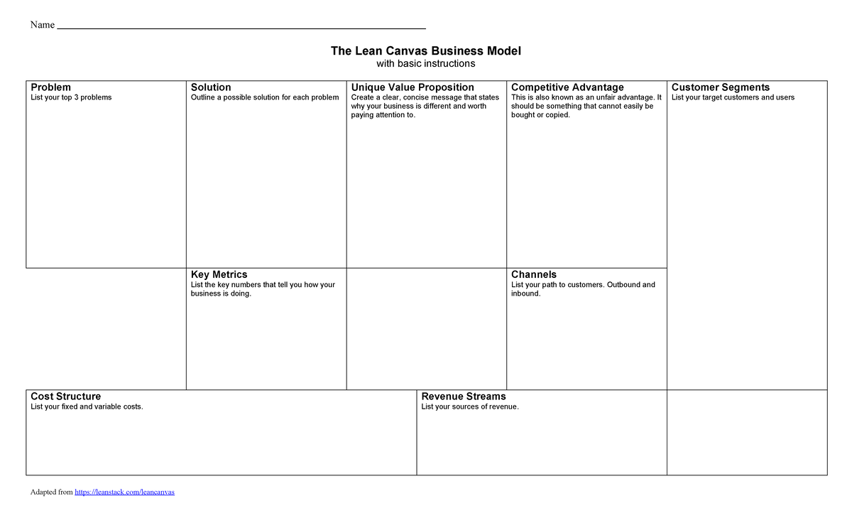Lean Canvas Business Model Guide (LCBM) with Instructions - Studocu