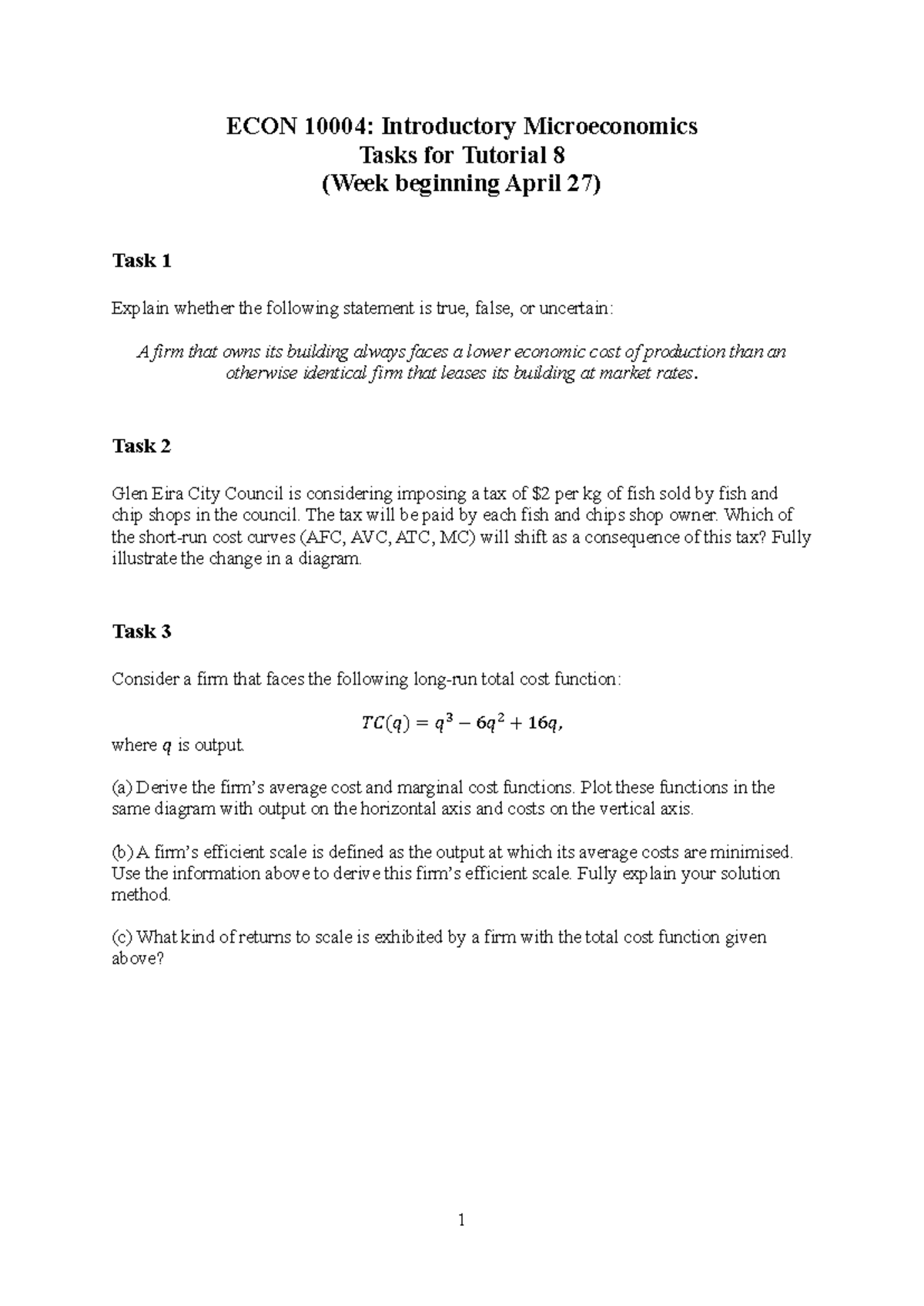 ECON 10004: Tutorial 8 Tasks for Microeconomics - Studocu