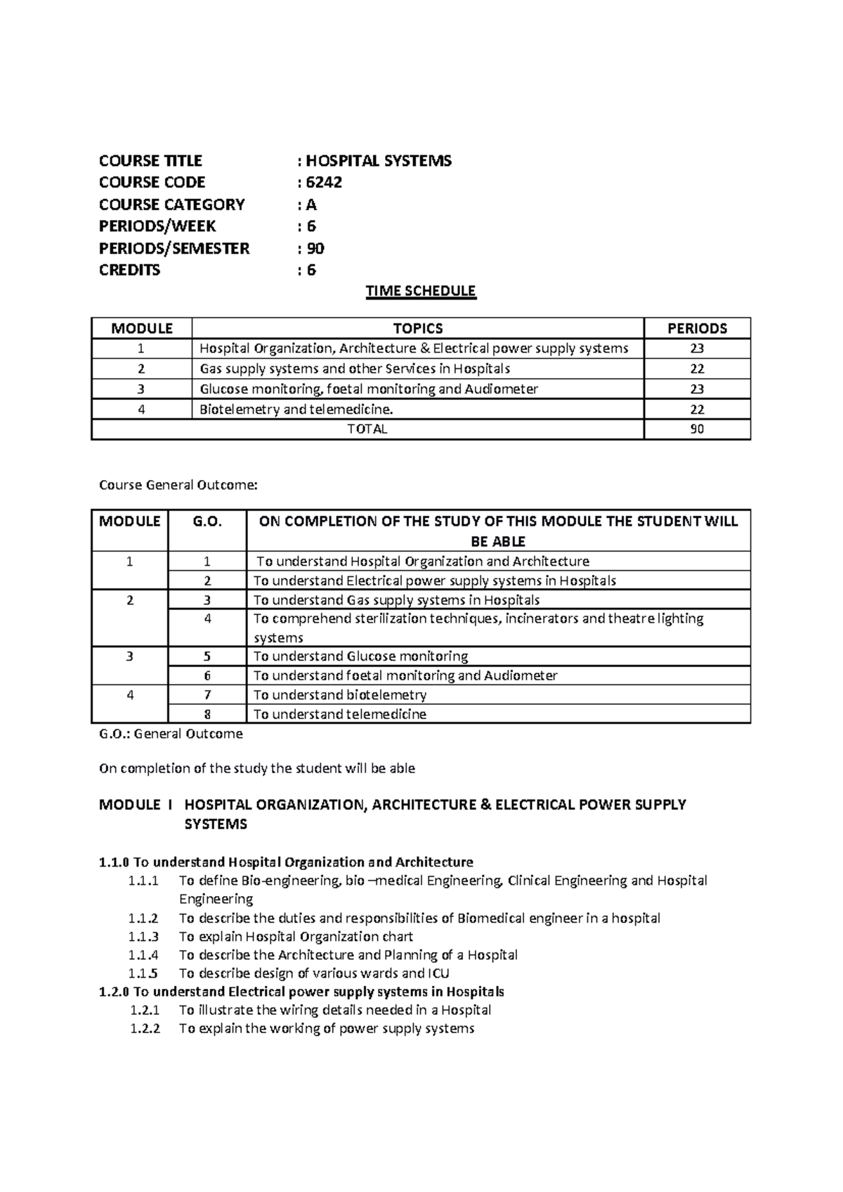 Hospital system note - COURSE TITLE : HOSPITAL SYSTEMS COURSE CODE ...