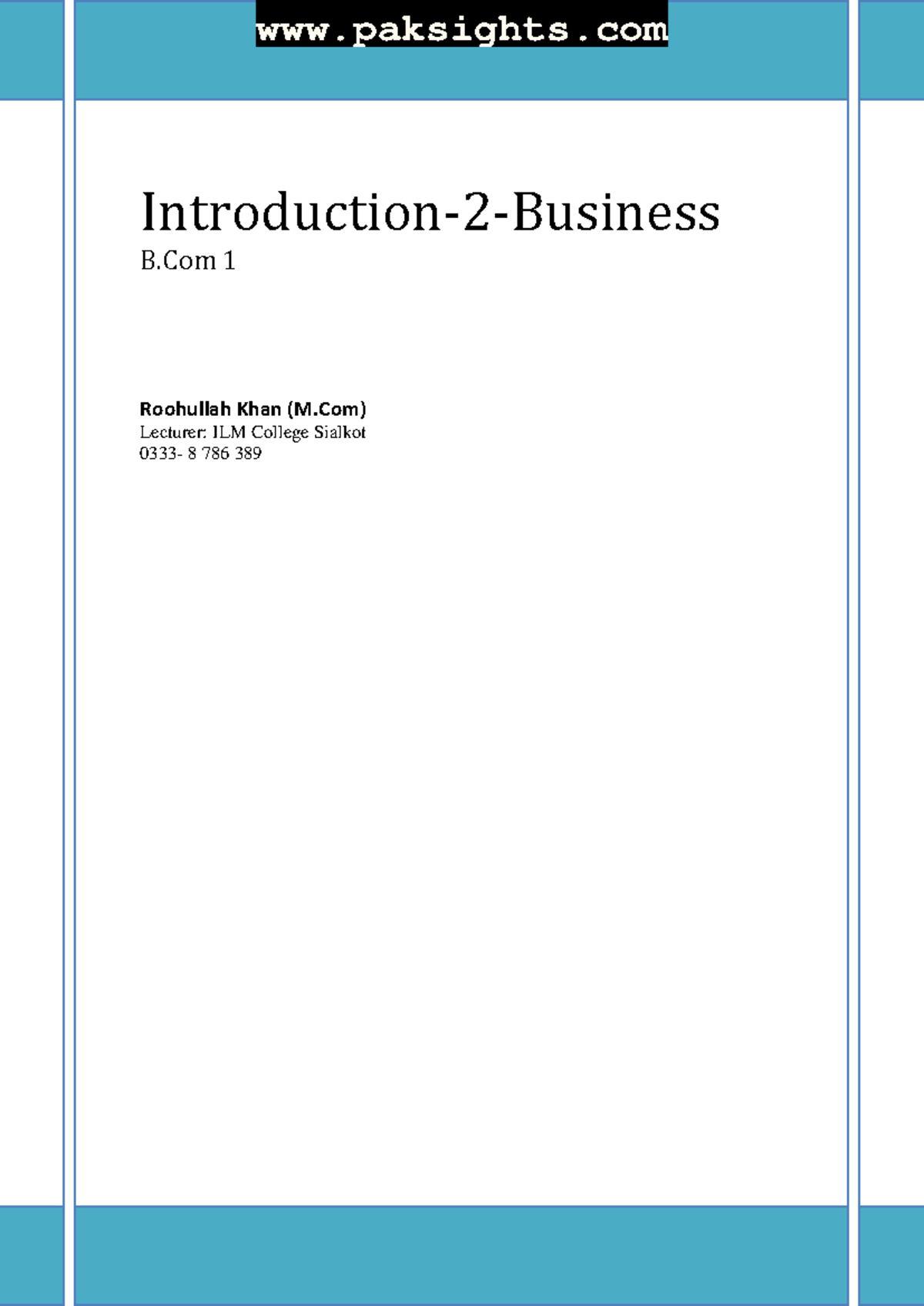 B.Com 1: Introduction to Business Lecture Notes by Roohullah Khan - Studocu