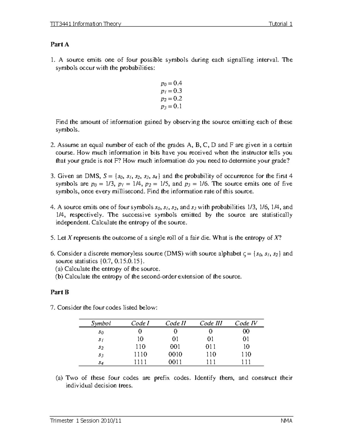 214503 Tutorial 1 - Information Theory Problems and Solutions - Studocu