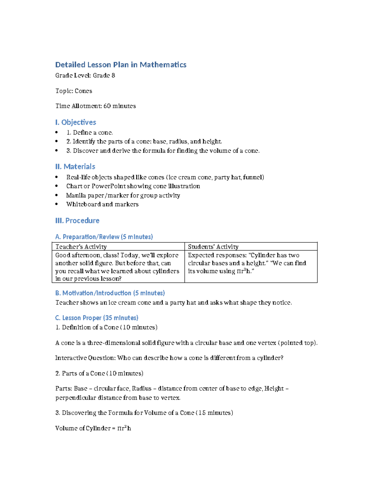 Grade 8 Math Lesson Plan: Exploring Cones and Their Volume - Studocu