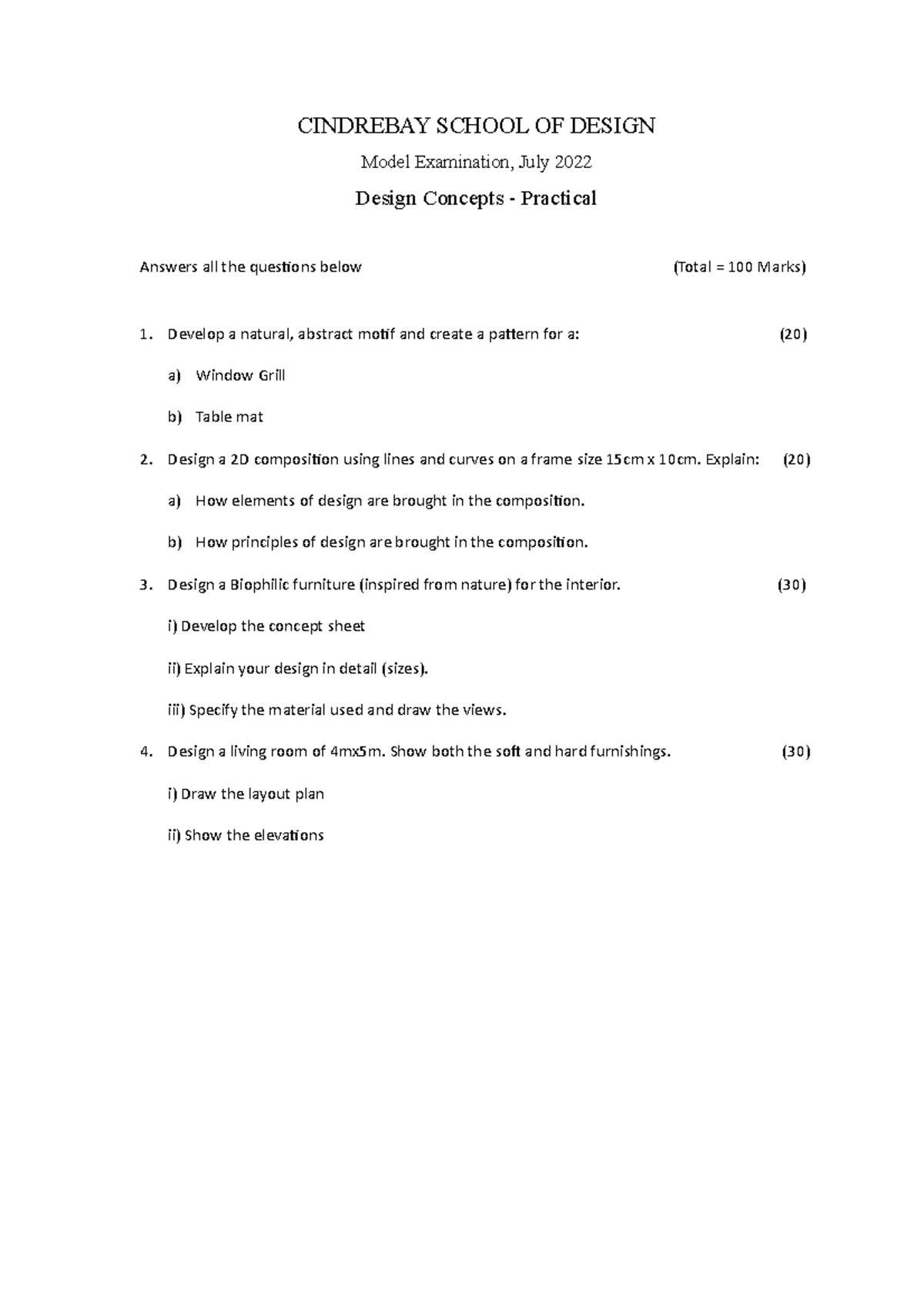 Mock Question paper - Draftsmanship Practical - CINDREBAY SCHOOL OF ...