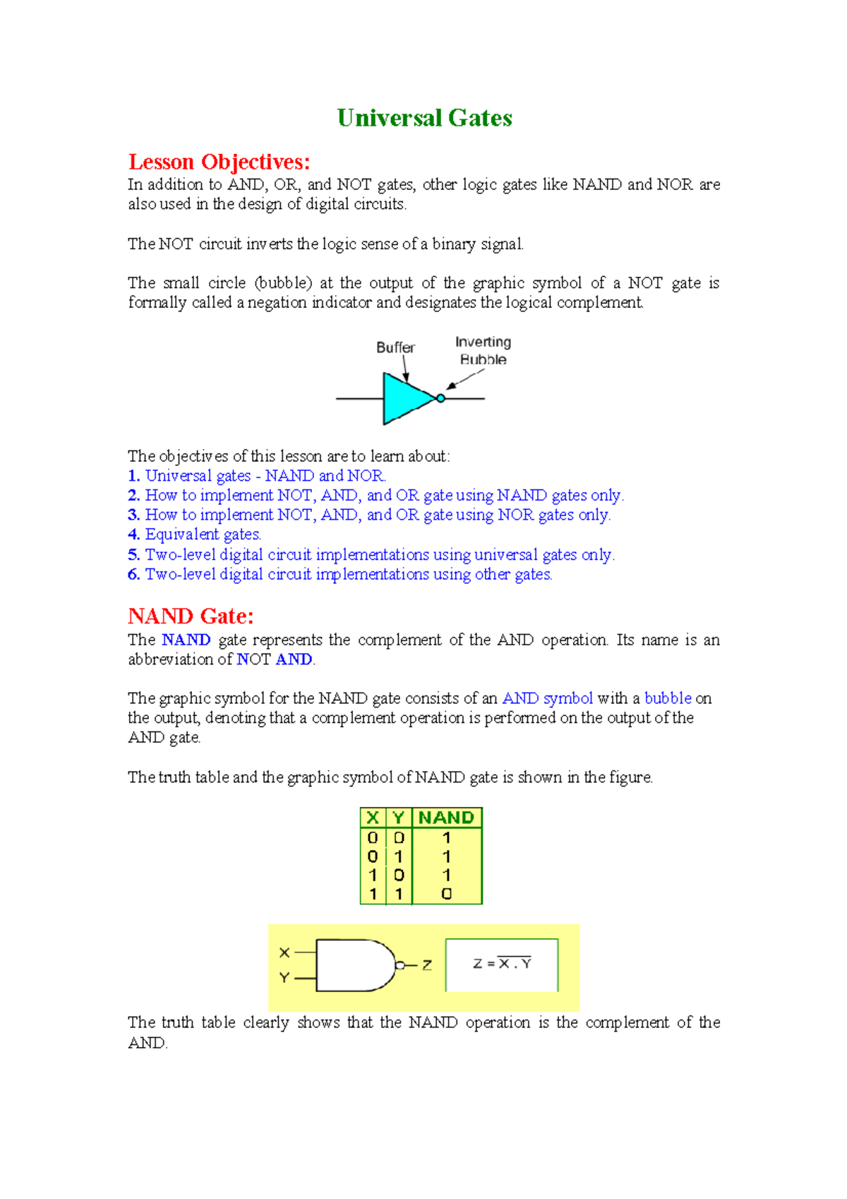 Universal Gates Lesson Objectives for Digital Circuits - Studocu