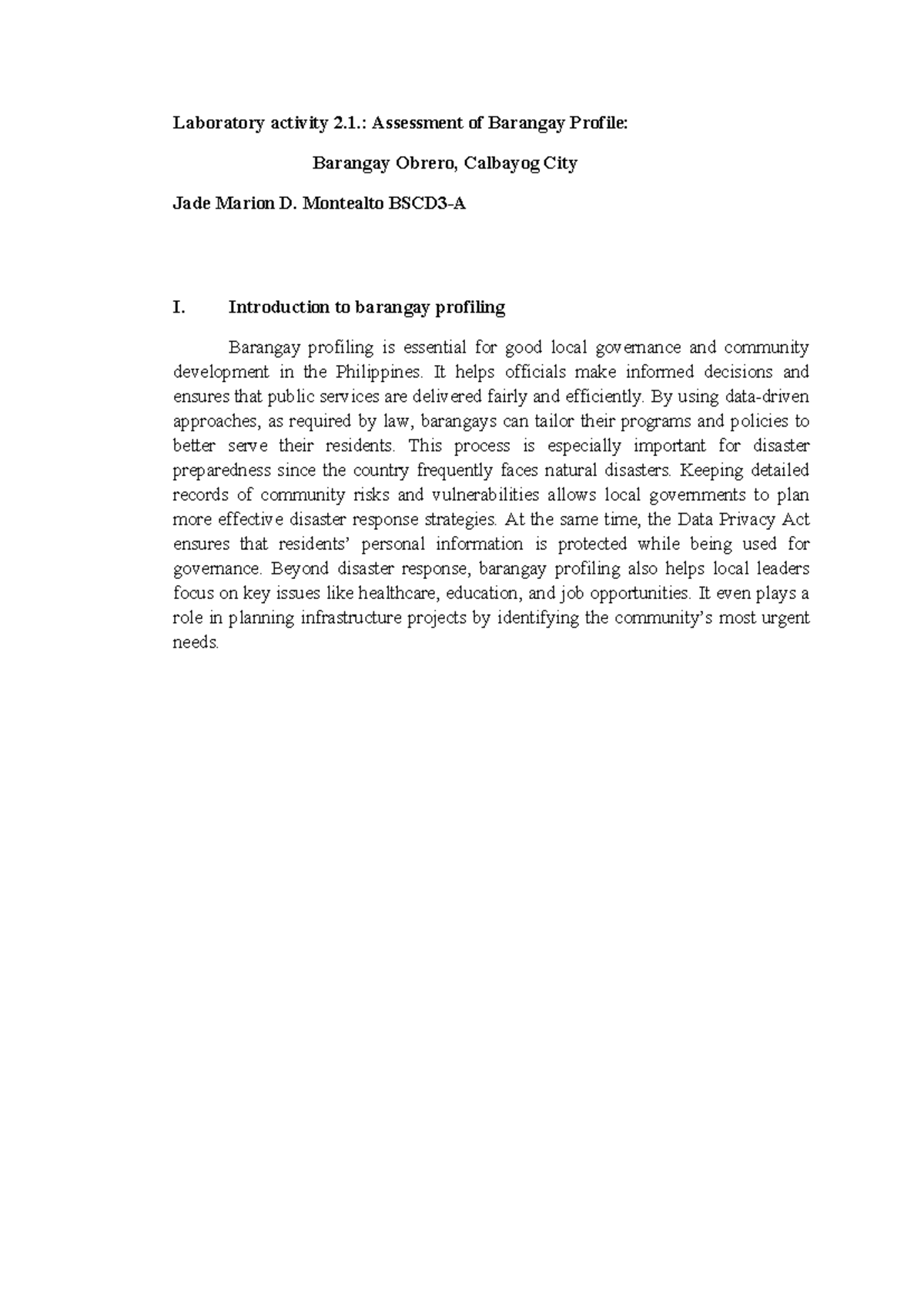 Laboratory Activity 2.1: Barangay Profile Assessment of Obrero ...