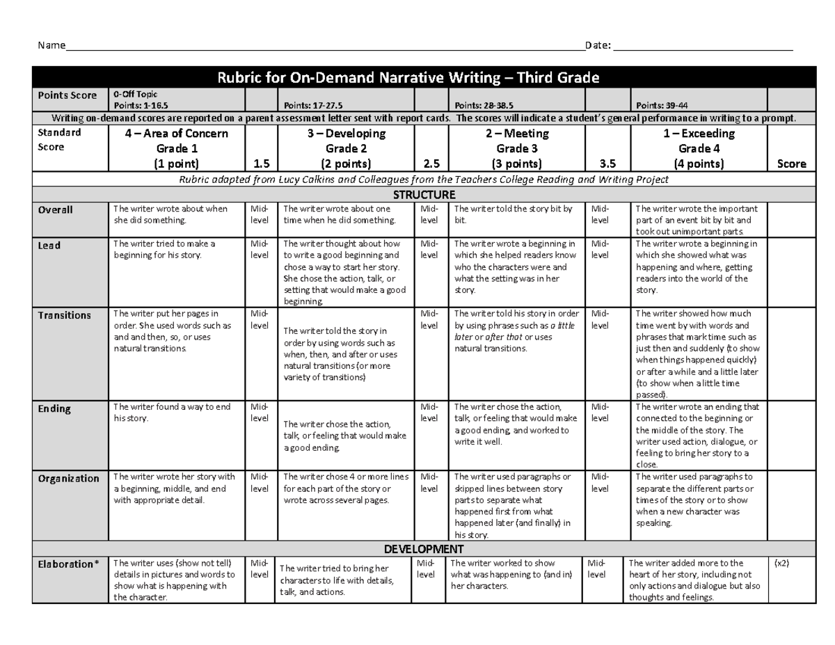 3rd Grade Narrative Writing Rubric - Colegio De Bachilleres - Studocu