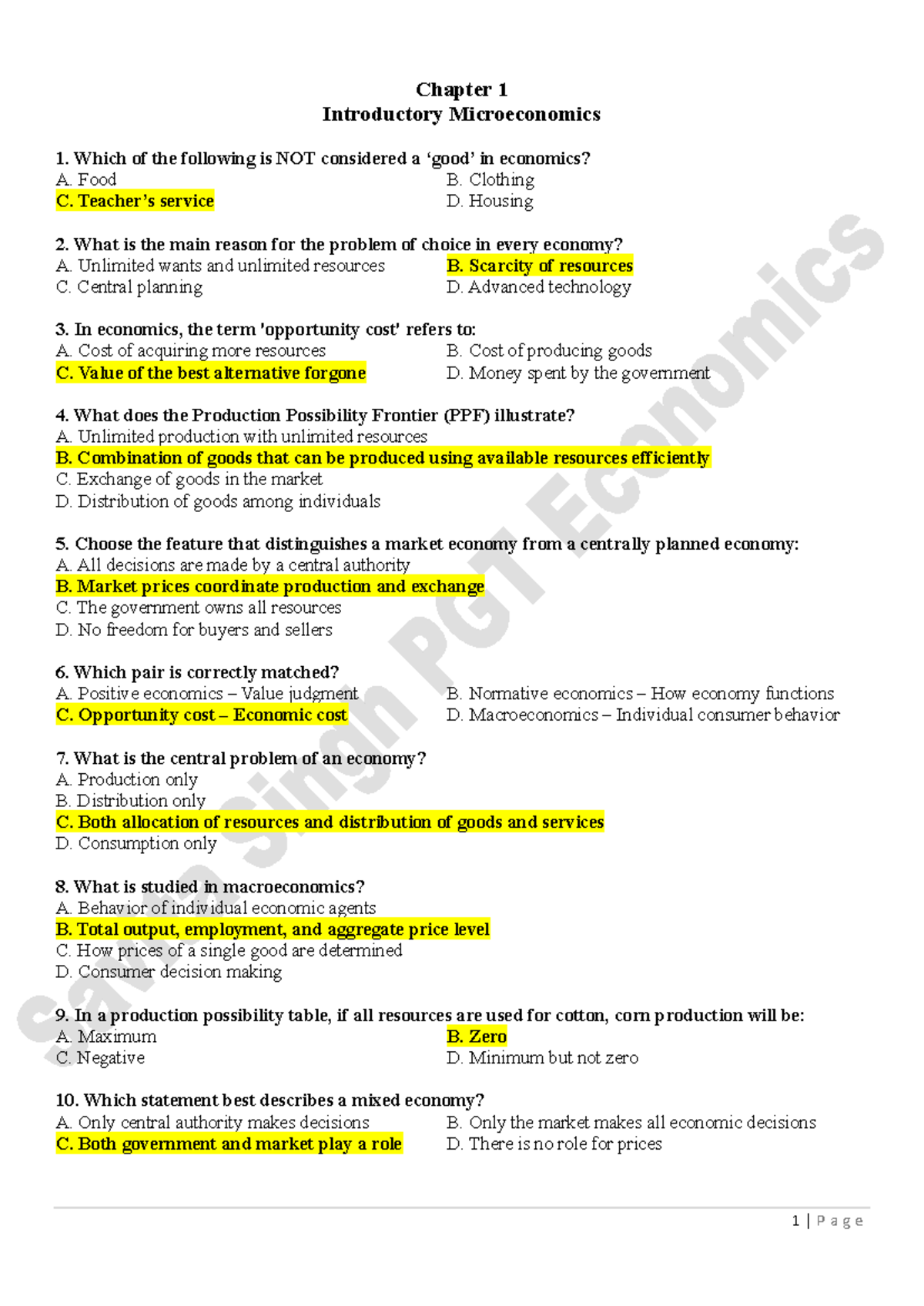 Class XI Chapter 1: Intro to Microeconomics - Key Concepts & Questions ...