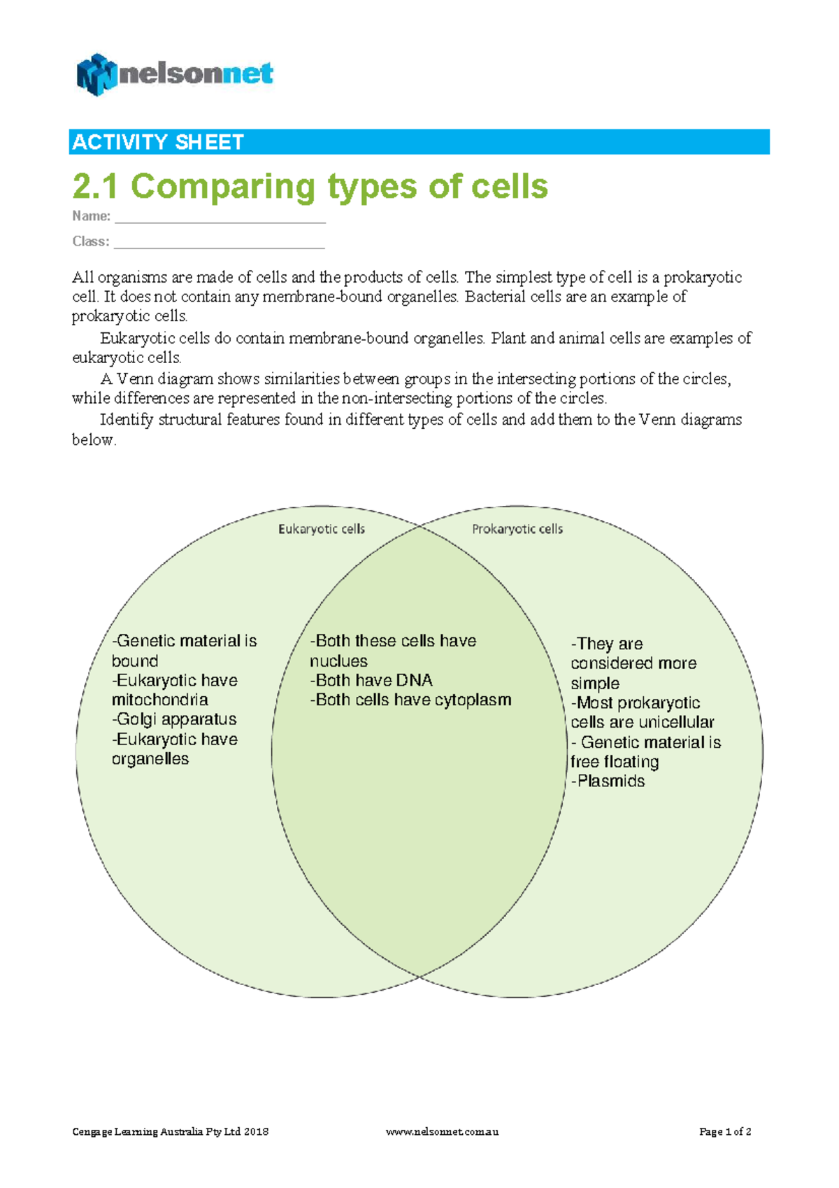 ACTIVITY SHEET 2.1: Comparing Prokaryotic and Eukaryotic Cells - Studocu