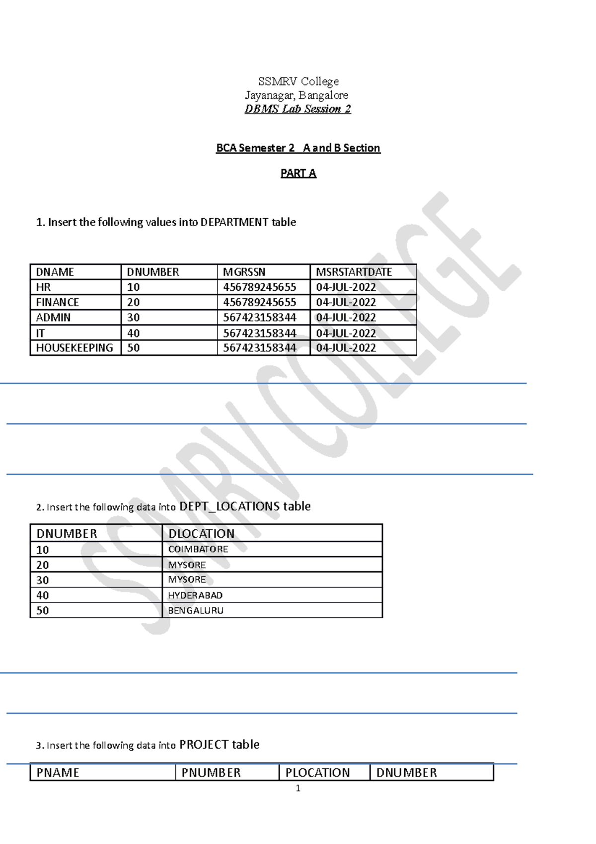 DBMS LAB2 - SQL Programs for BCA Sem 2 A and B Sections - Studocu