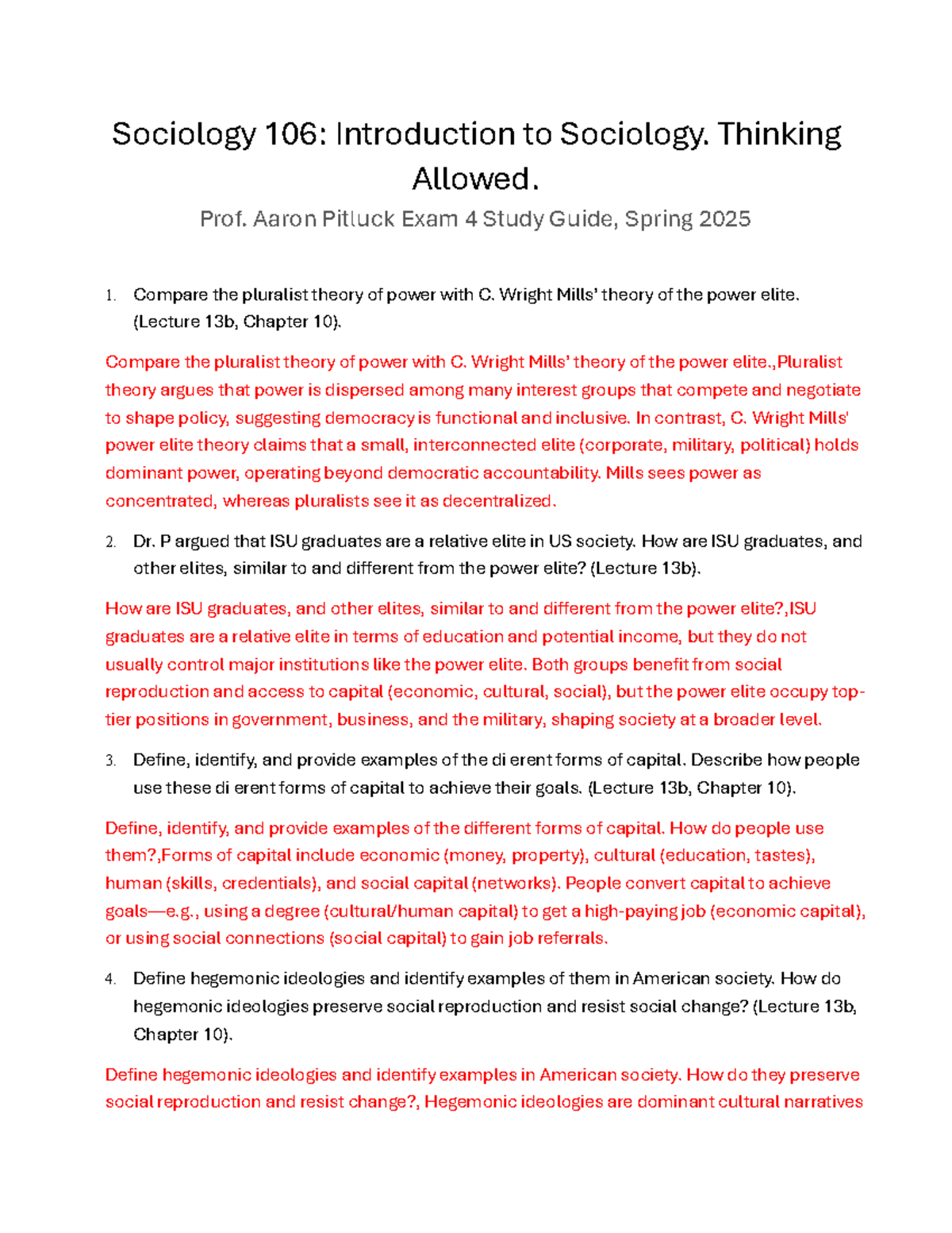 Sociology 106: Exam 4 Study Guide - Spring 2025 Insights on Power ...