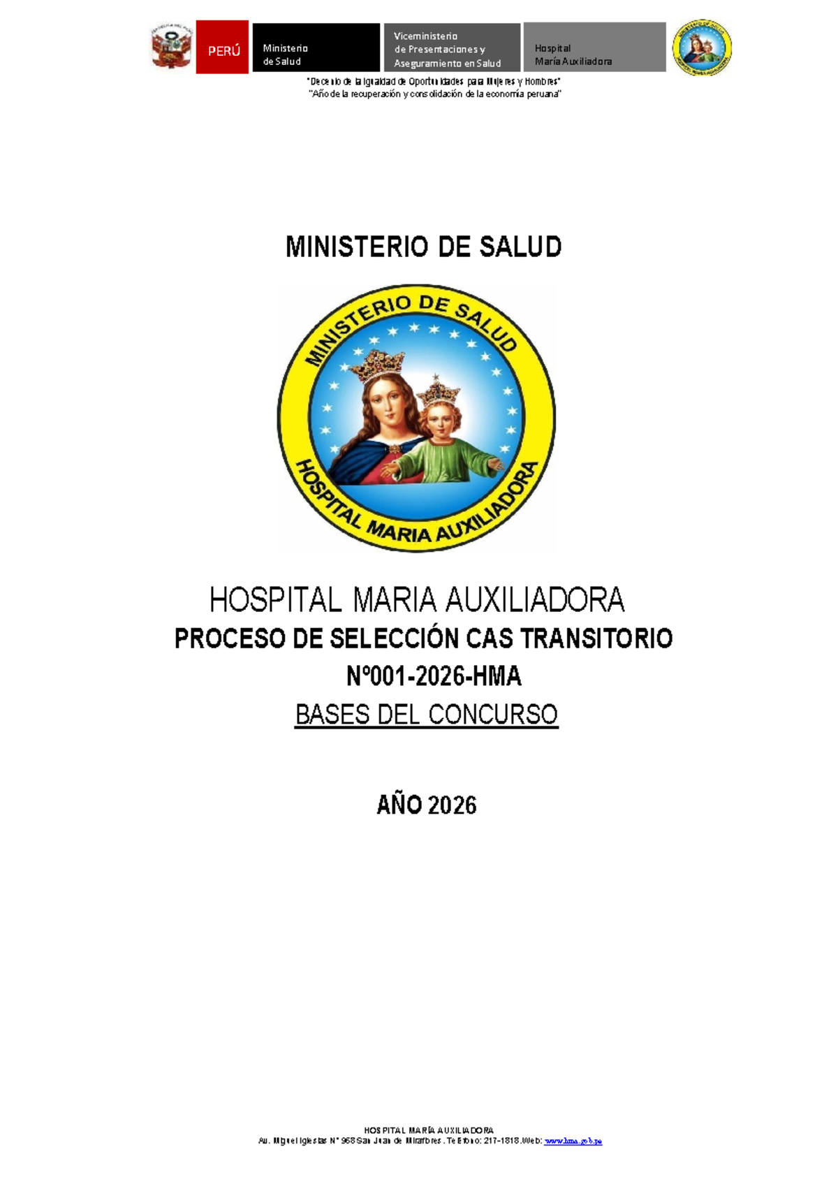 Convocatoria CAS 2026: Selección de Personal para Hospital María ...