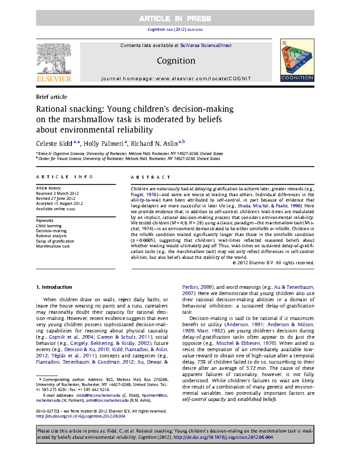 Rational snacking: Decision-making in the marshmallow task (Cognition ...