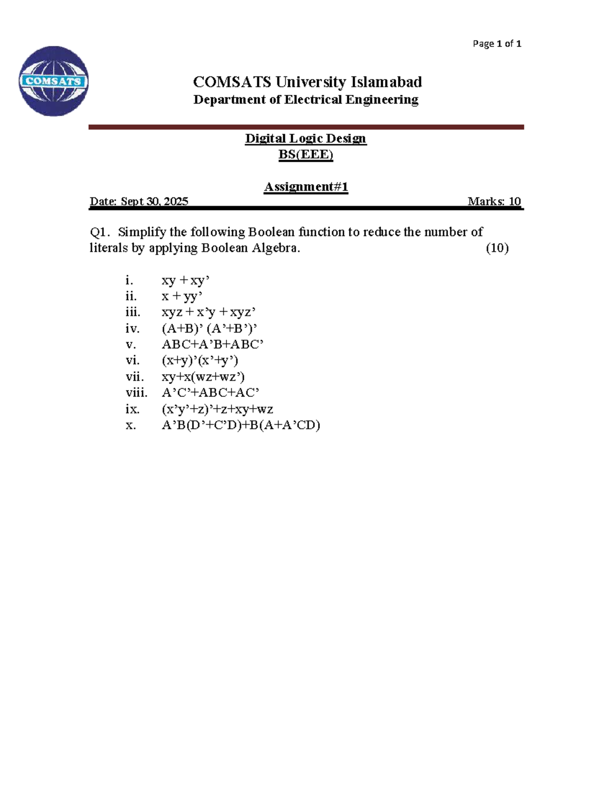 Assignment 1 - Page 1 of 1 COMSATS University Islamabad Department of ...