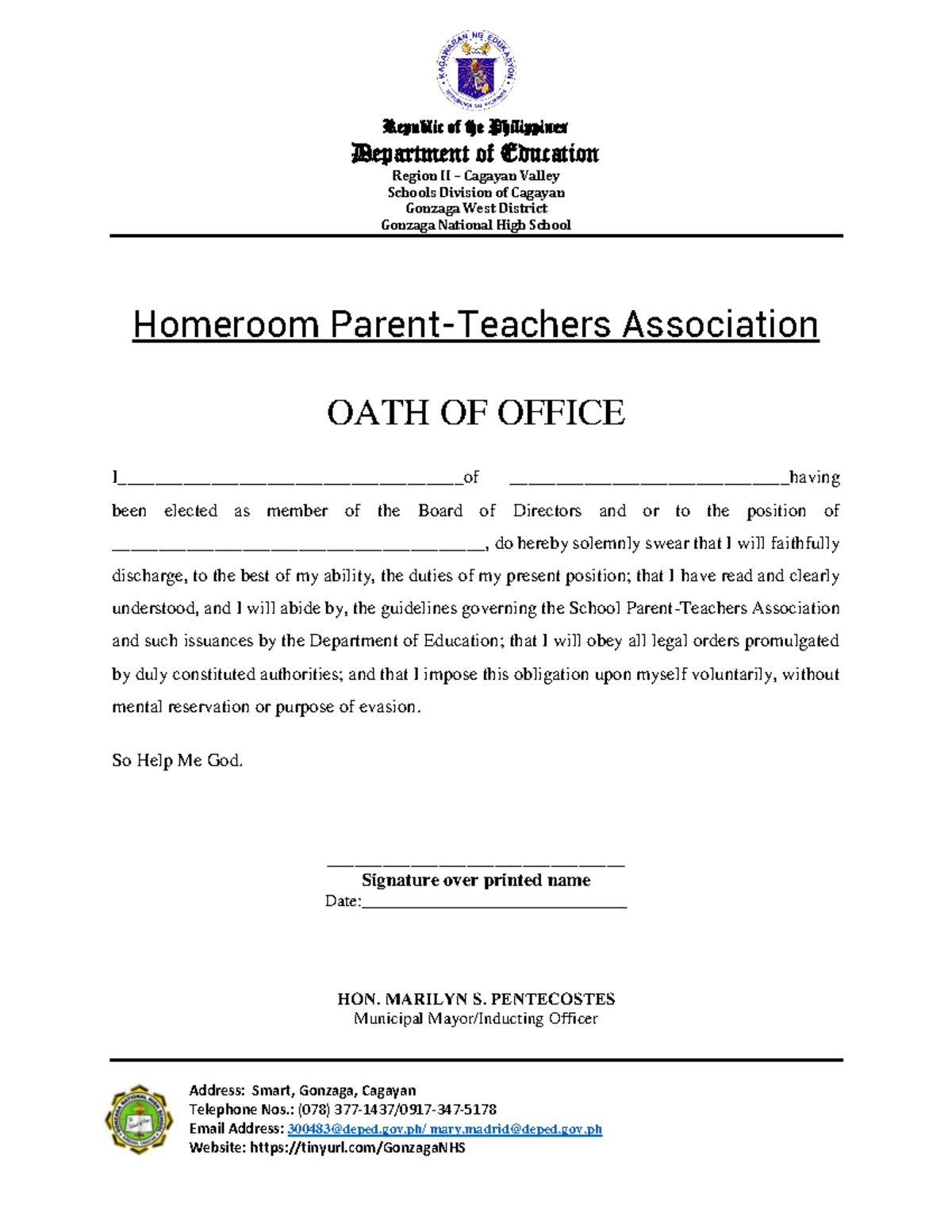 Oath of Office for PT Association Members - Gonzaga NHS - Studocu