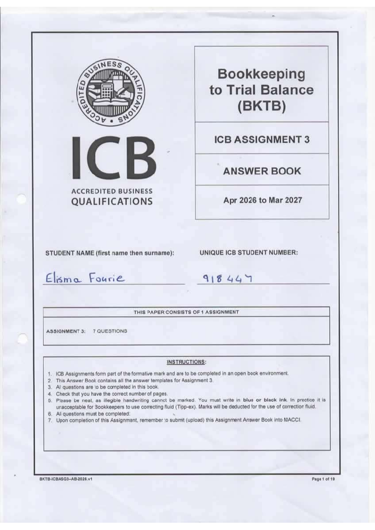 Bookkeeping to Trial Balance (BKTB) ICB Assignment 3 Answer Book - Studocu