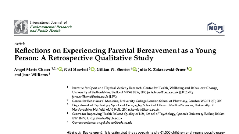 Reflections on Parental Bereavement: Insights from Young Adults (IJERPH ...