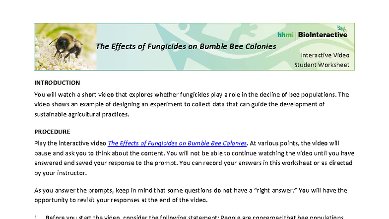 The Effects of Fungicides on Bumble Bee Colonies: Student WS - Studocu