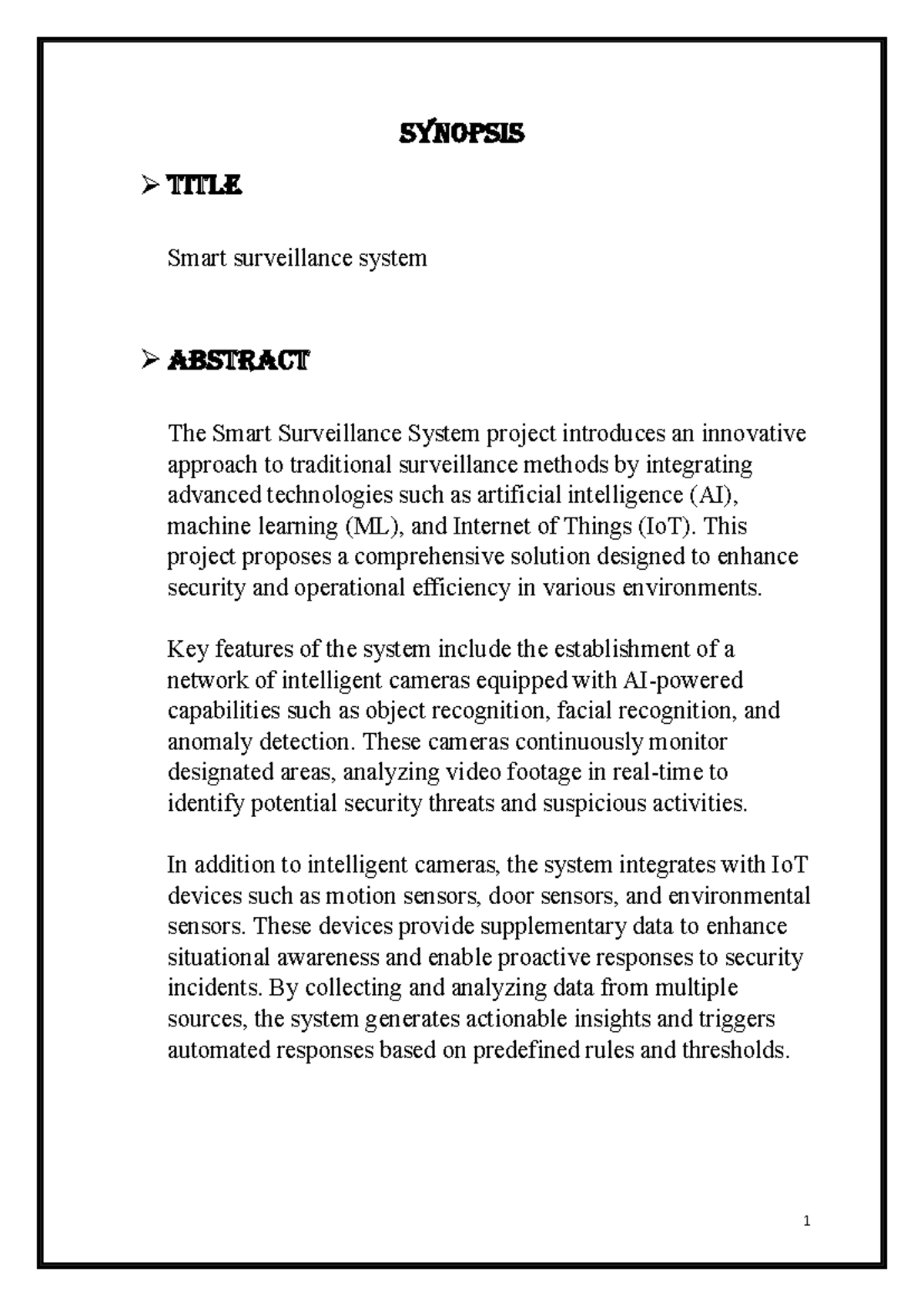 Smart Surveillance System Project Synopsis (TYCO) - Studocu