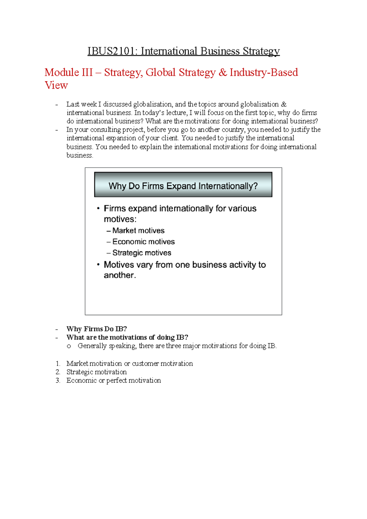 IBUS2101 Lecture Notes: International Business Strategy Insights - Studocu