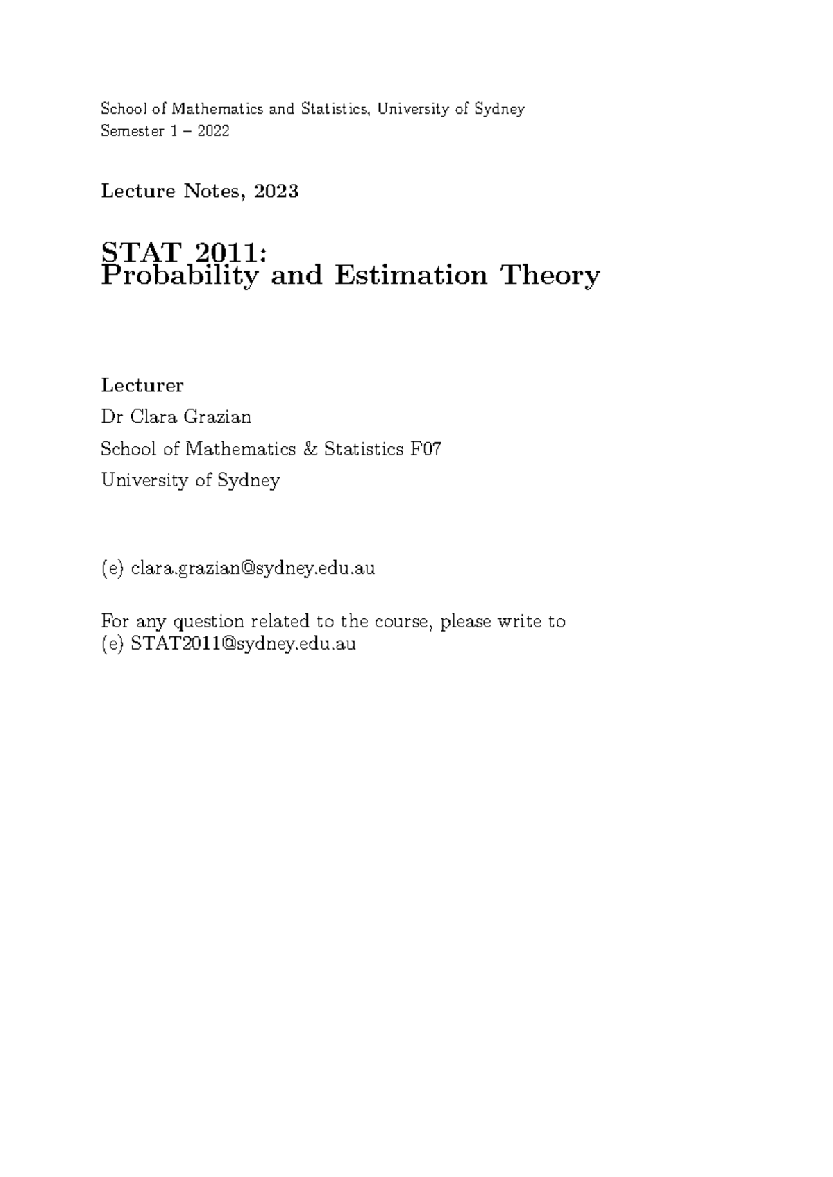 STAT2011: Weekly Lecture Notes on Probability & Estimation Theory - Studocu