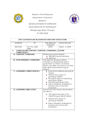 DRR 12 (WEEK 5) Lesson Plan on Disaster Risk Reduction 2025 - Studocu