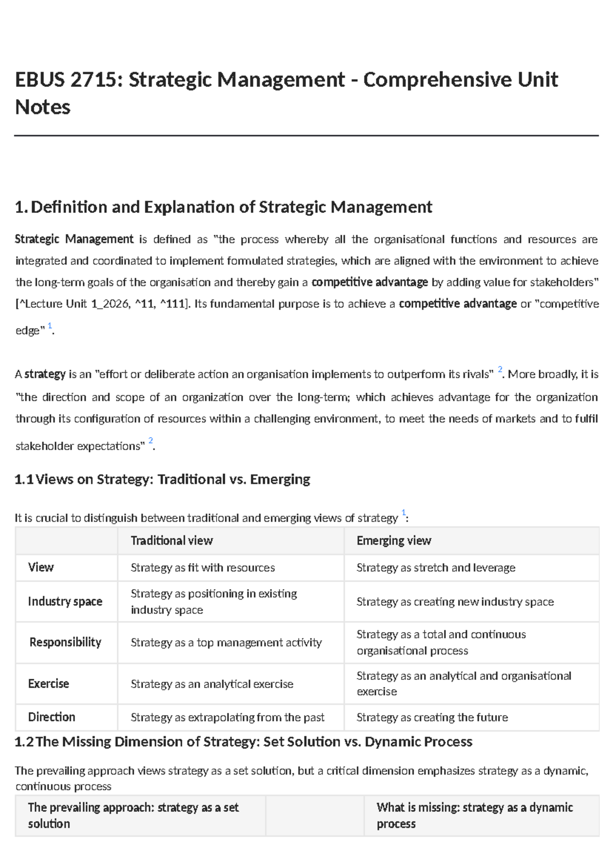 EBUS 2715: Strategic Management Unit 1 Comprehensive Study Notes - Studocu