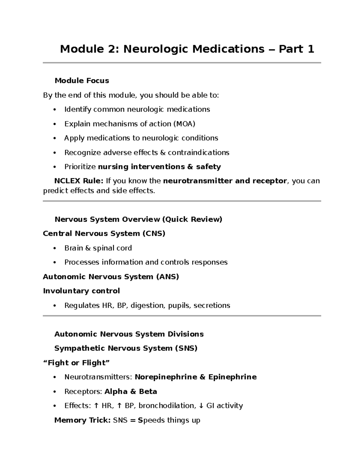 Pharm Module 2: Neurologic Medications Overview & Key Info - Studocu