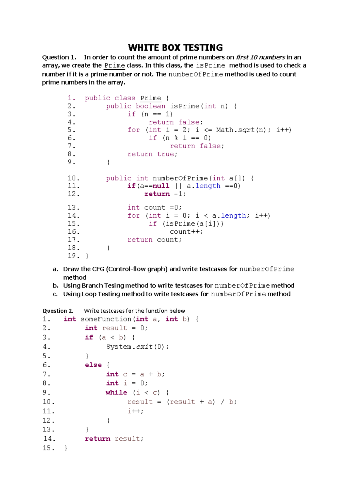 White Box Testing: Exercises on Test Case Development - Studocu