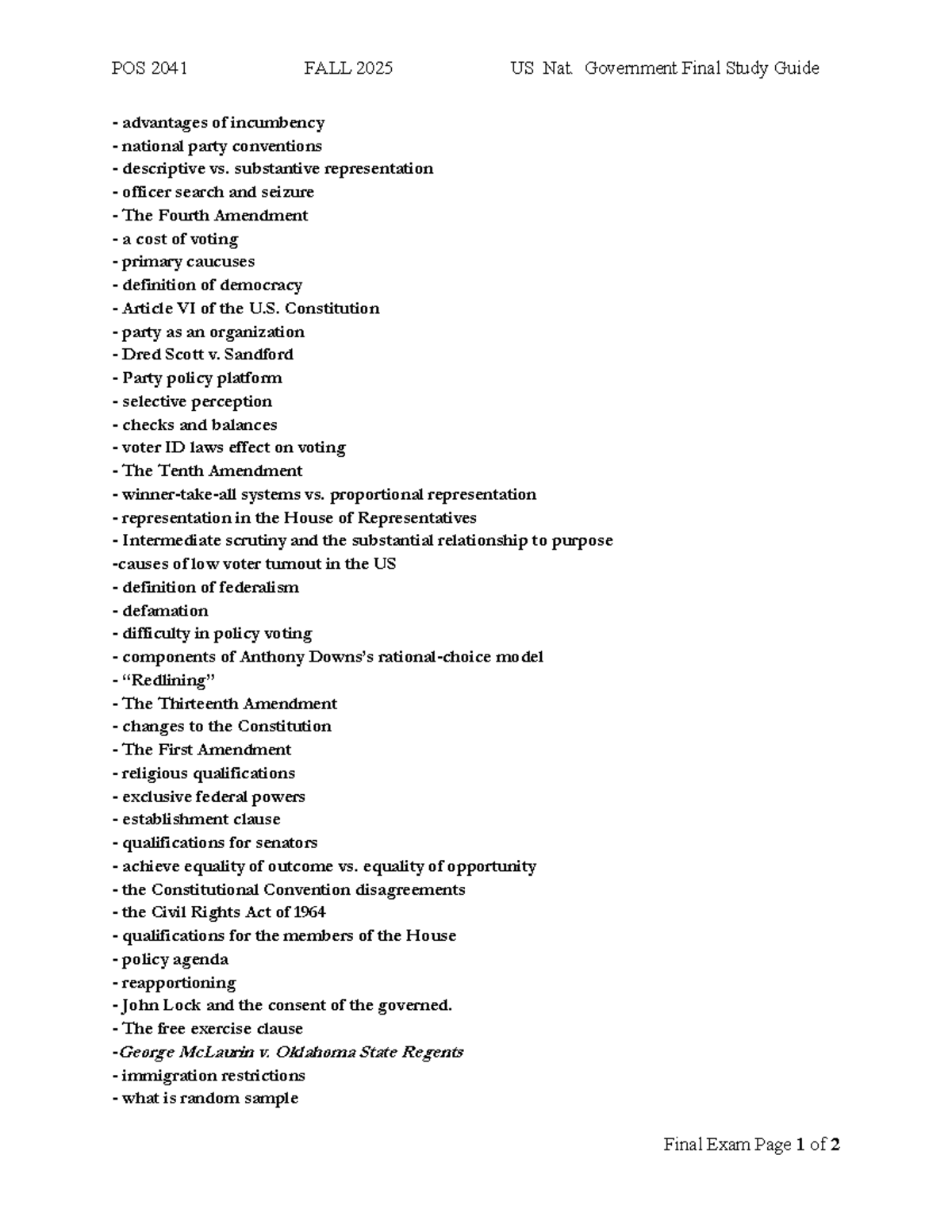 POS 2041 Fall 2025 US Nat. Government Final Study Guide - Studocu