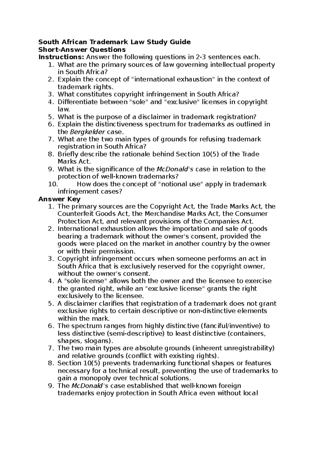 IP LAW 101 - Short Q&As on South African Trademark Law - Studocu