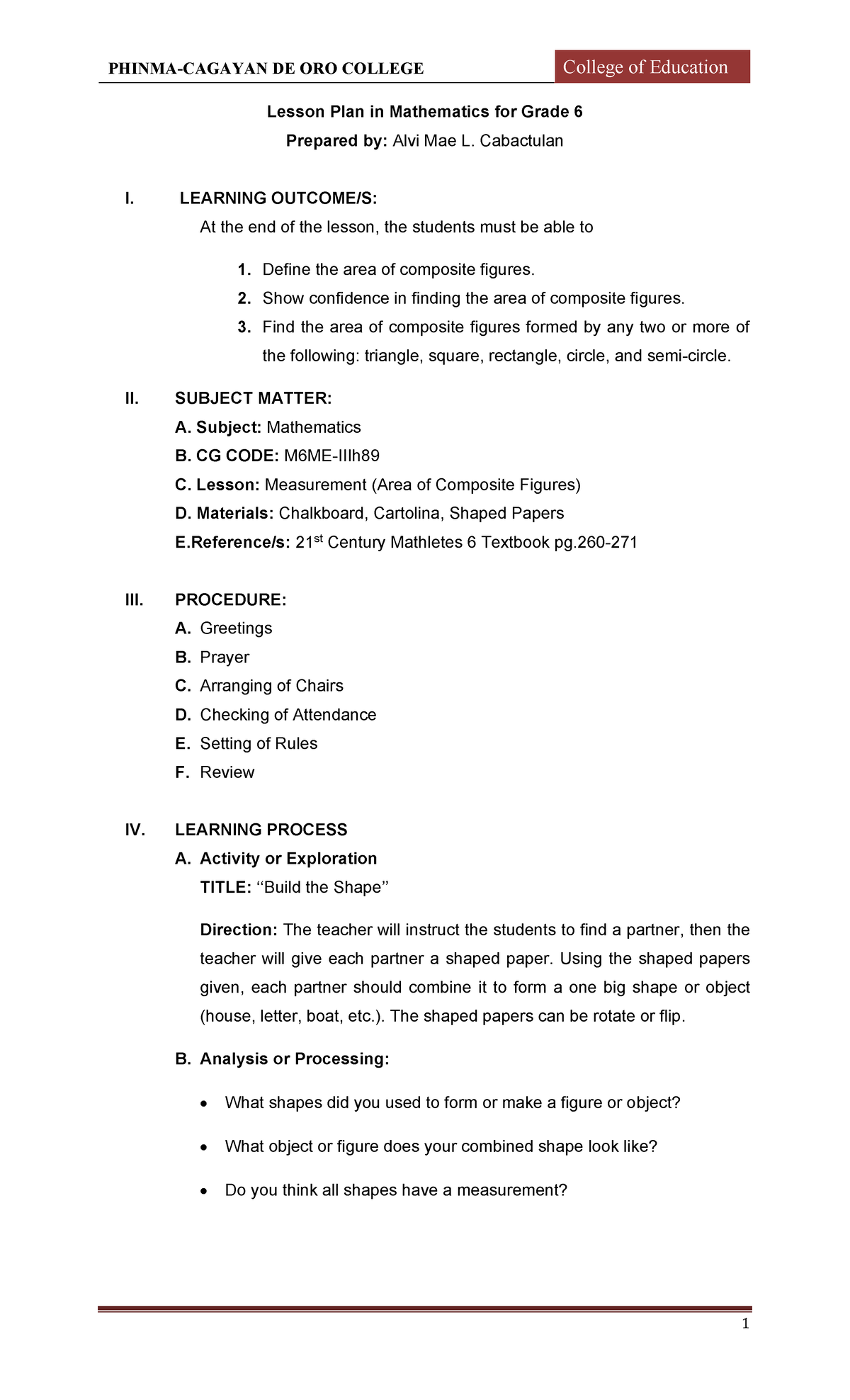 Lesson Plan: Math 6 - Area of Composite Figures - Studocu