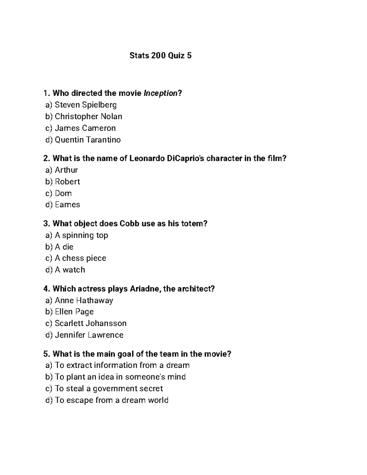 Stats 200 Quiz 5 - Movie Quiz Practice Questions - Studocu