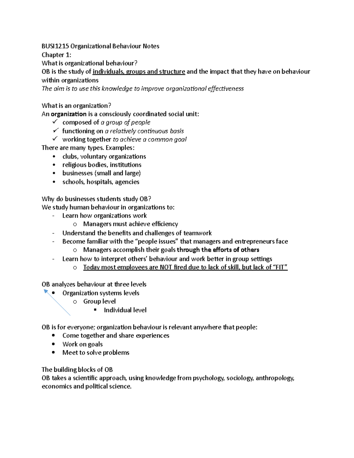 BUSI1215 Organizational Behaviour Notes - Examples: - clubs, voluntary ...