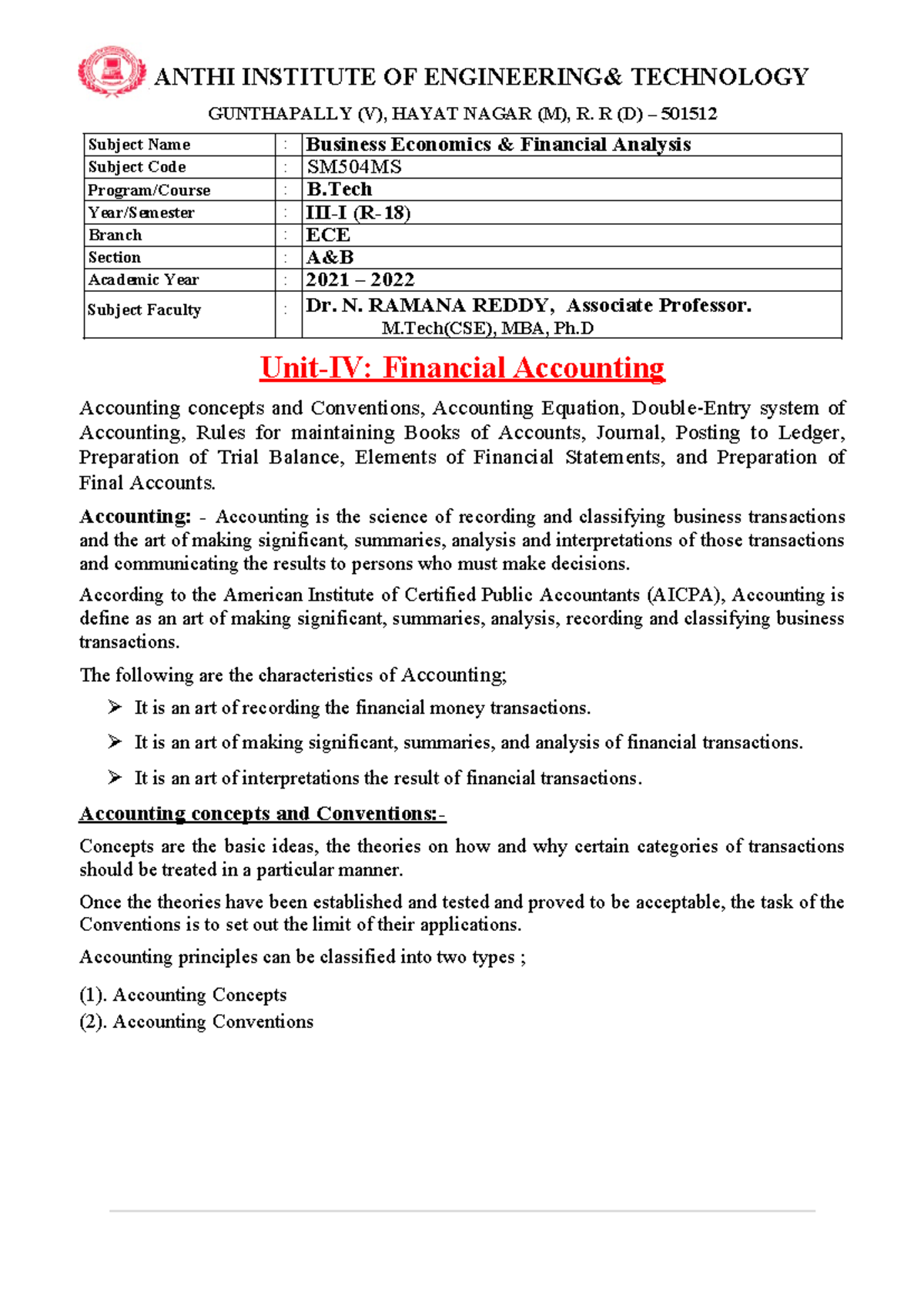 UNIT-IV BEFA Notes: Understanding Financial Accounting Concepts and ...