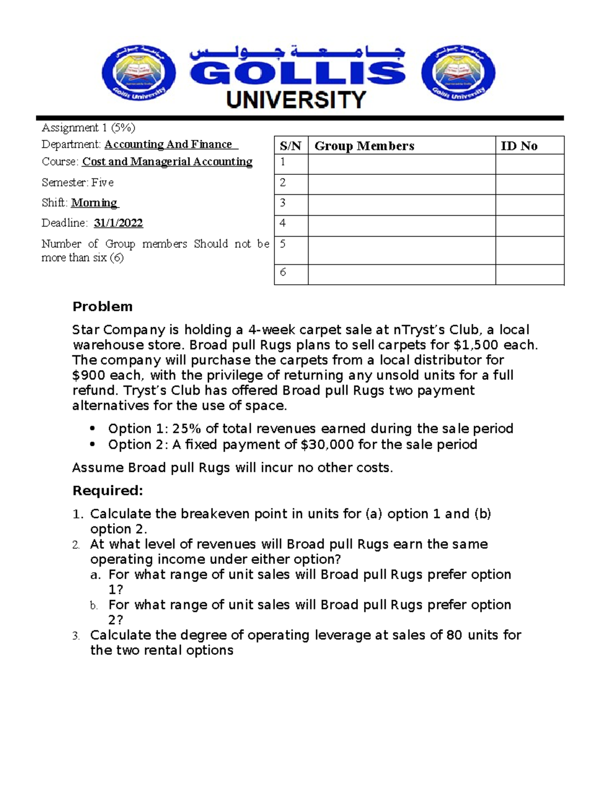 Assignment 1 - Cost accounting - Assignment 1 (5%) Department ...