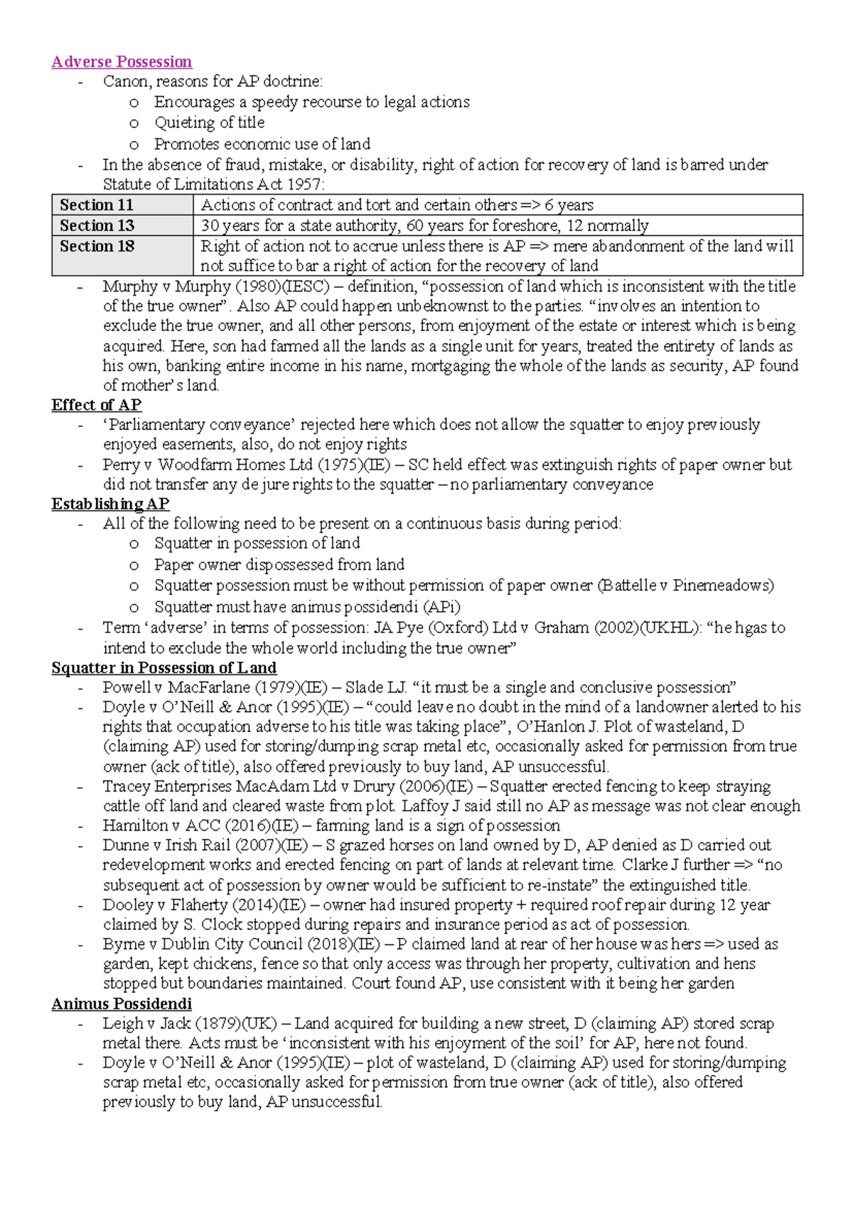 Land Law FE1 - Adverse Possession Case Studies & Key Quotes - Studocu