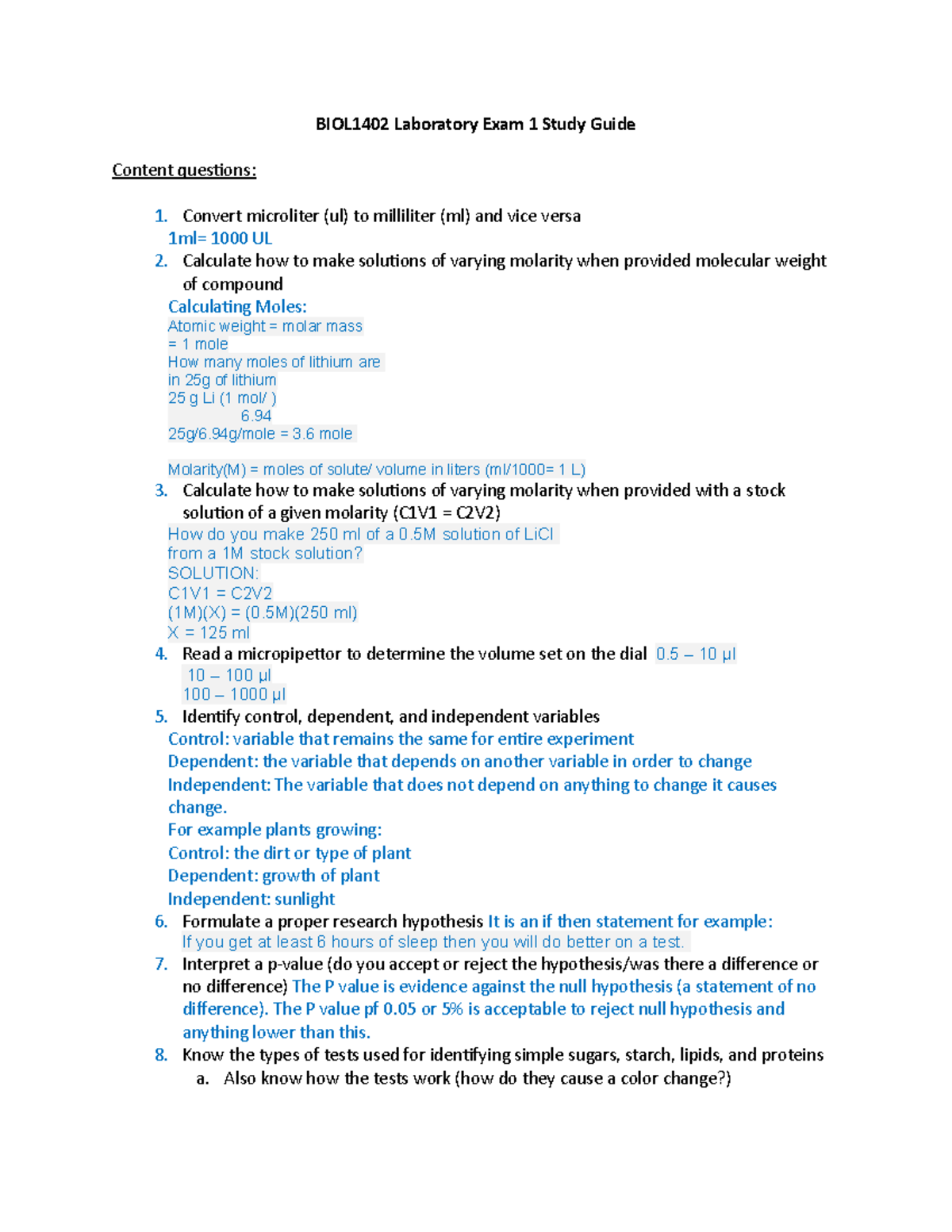BIOL1402 Laboratory Exam 1 Comprehensive Study Guide Fall 2022 - Studocu