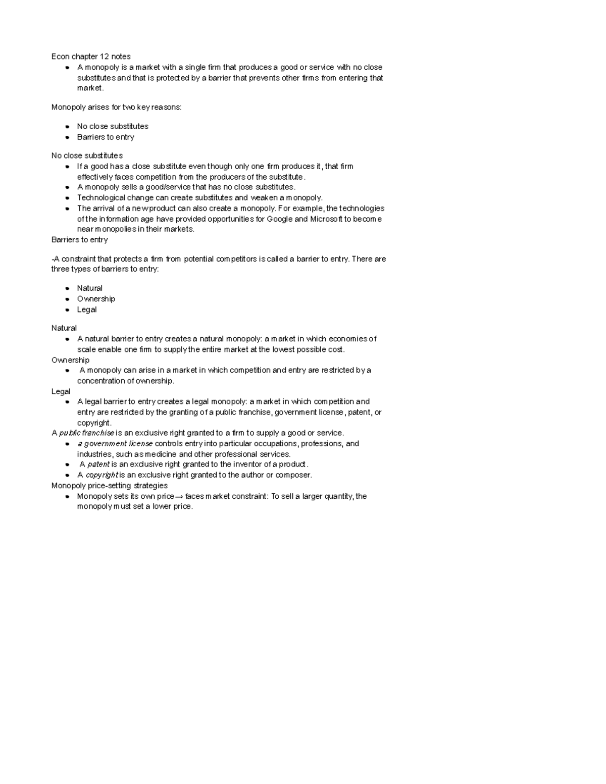 Econ 12 - textbook notes - Econ chapter 12 notes A monopoly is a market ...