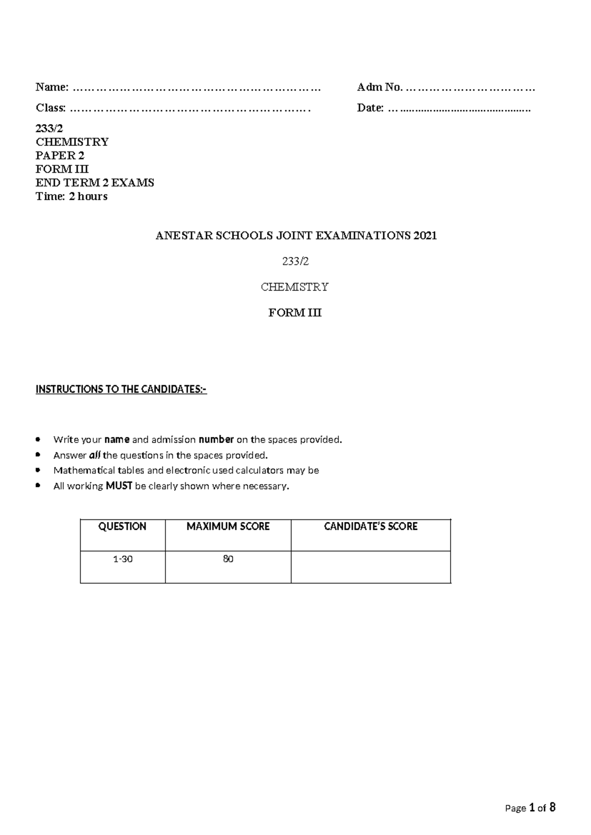 F3 Chemistry Paper 2 Questions - End Term Exam 2021 - Studocu
