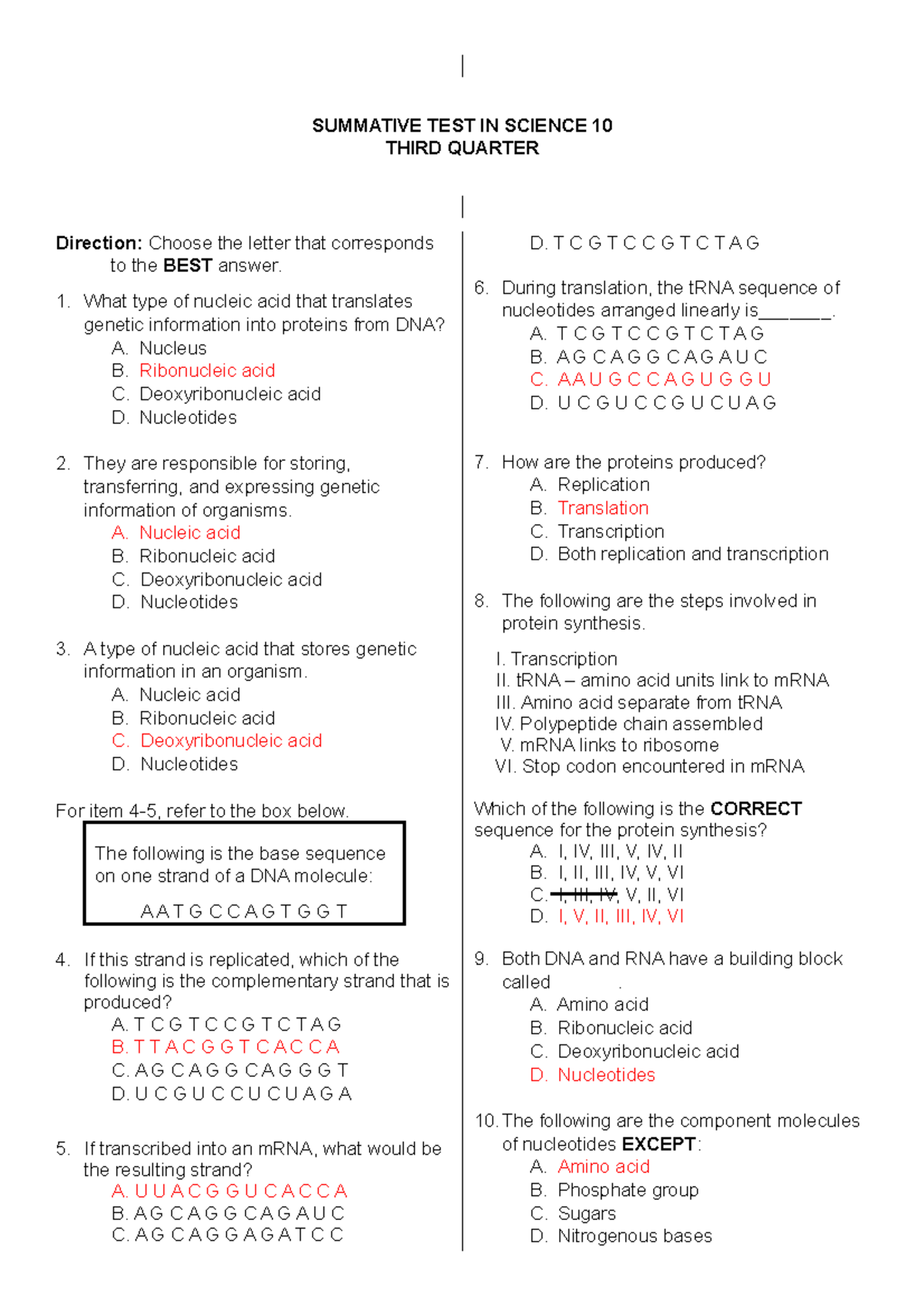 Summative Test - G10 Science Answer Key for Third Quarter - Studocu