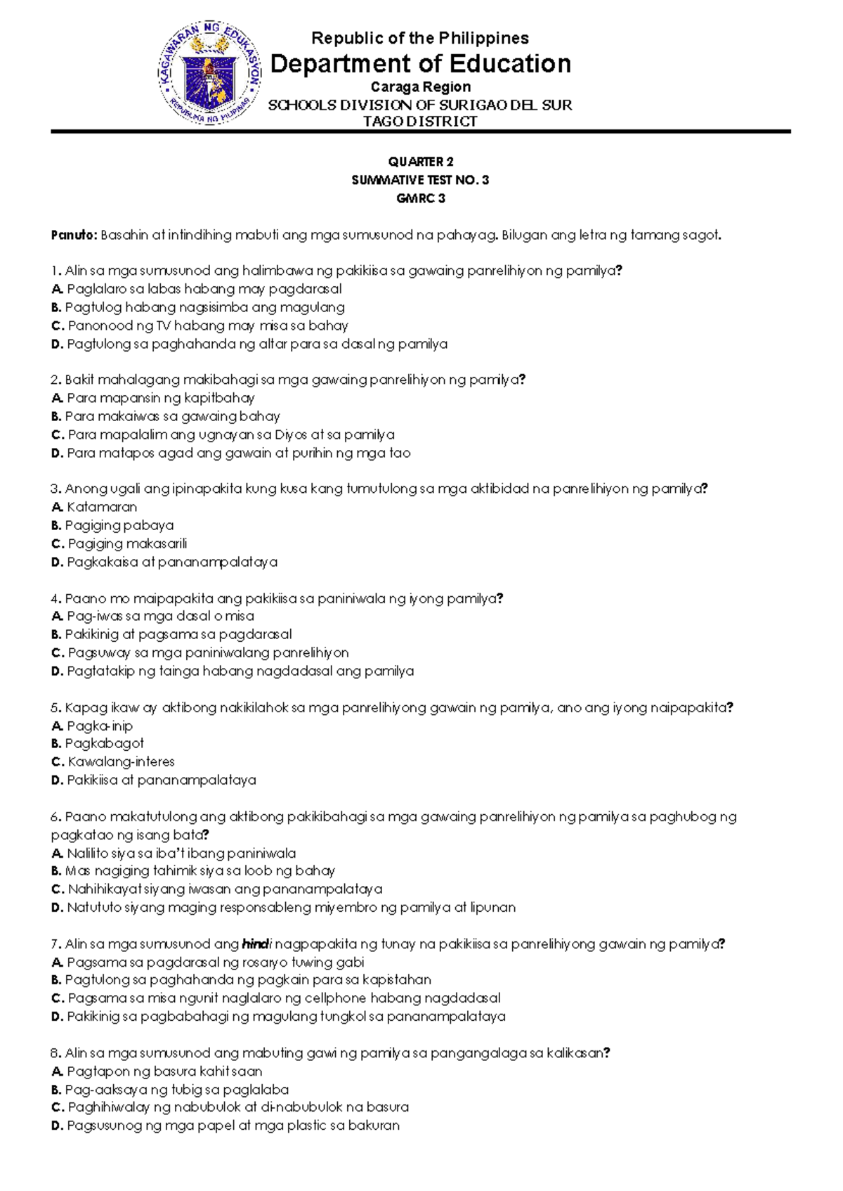 GMRC 3 Quarter 2 Summative Test No. 3 Questions and Answers - Studocu