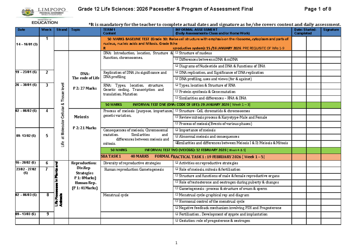Grade 12 Life Sciences: 2026 Pacesetter Program of Assessment Final - Document Preview