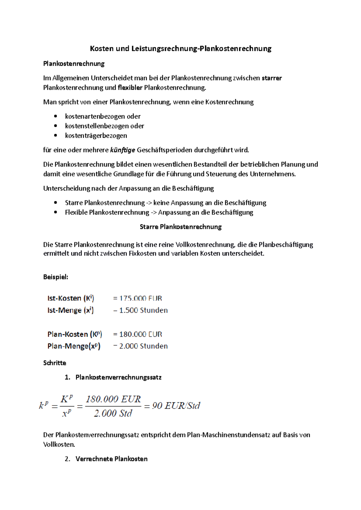 Plankostenrechnung in der Kosten- und Leistungsrechnung (Lernzettel Nr ...